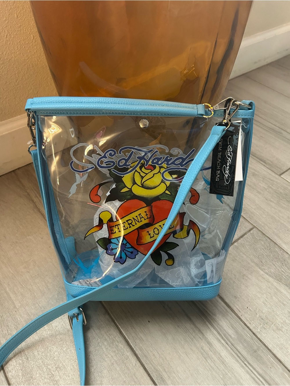 Ed Hardy Clear Crossbody Bag with Light Blue Trim and Tattoo Graphic